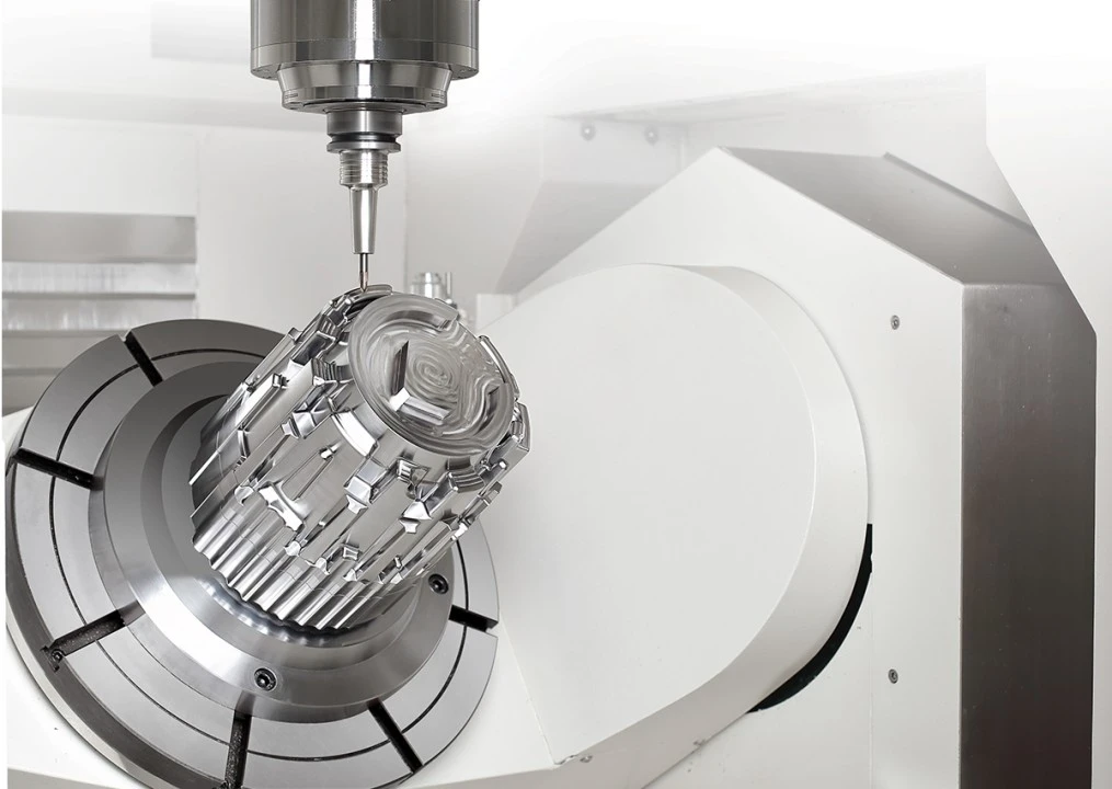 5-axis CNC milling machine cutting a metal component