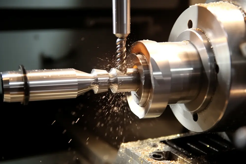 CNC lathe turning a stainless steel shaft