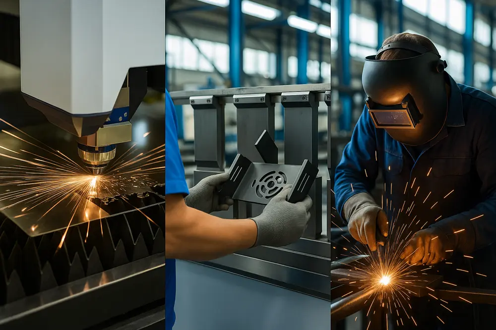 Sheet metal fabrication process steps including design, laser cutting, CNC bending, welding, and finishing