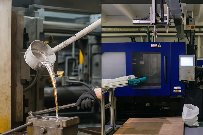 Die casting vs injection molding processes comparison – molten metal and molten plastic entering molds