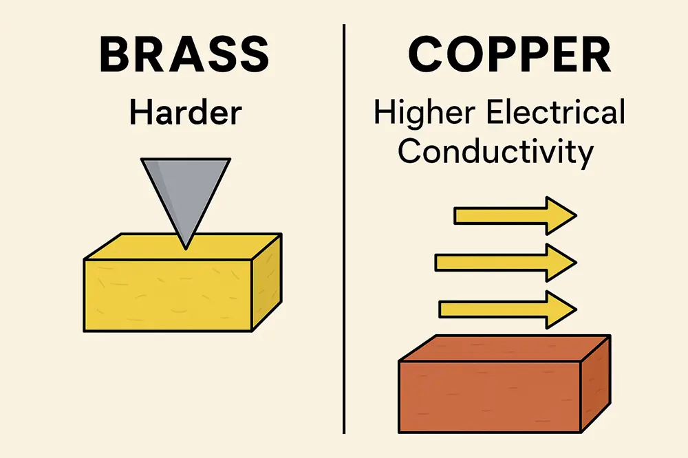 Illustration showing the higher hardness of brass and the higher electrical conductivity of copper.