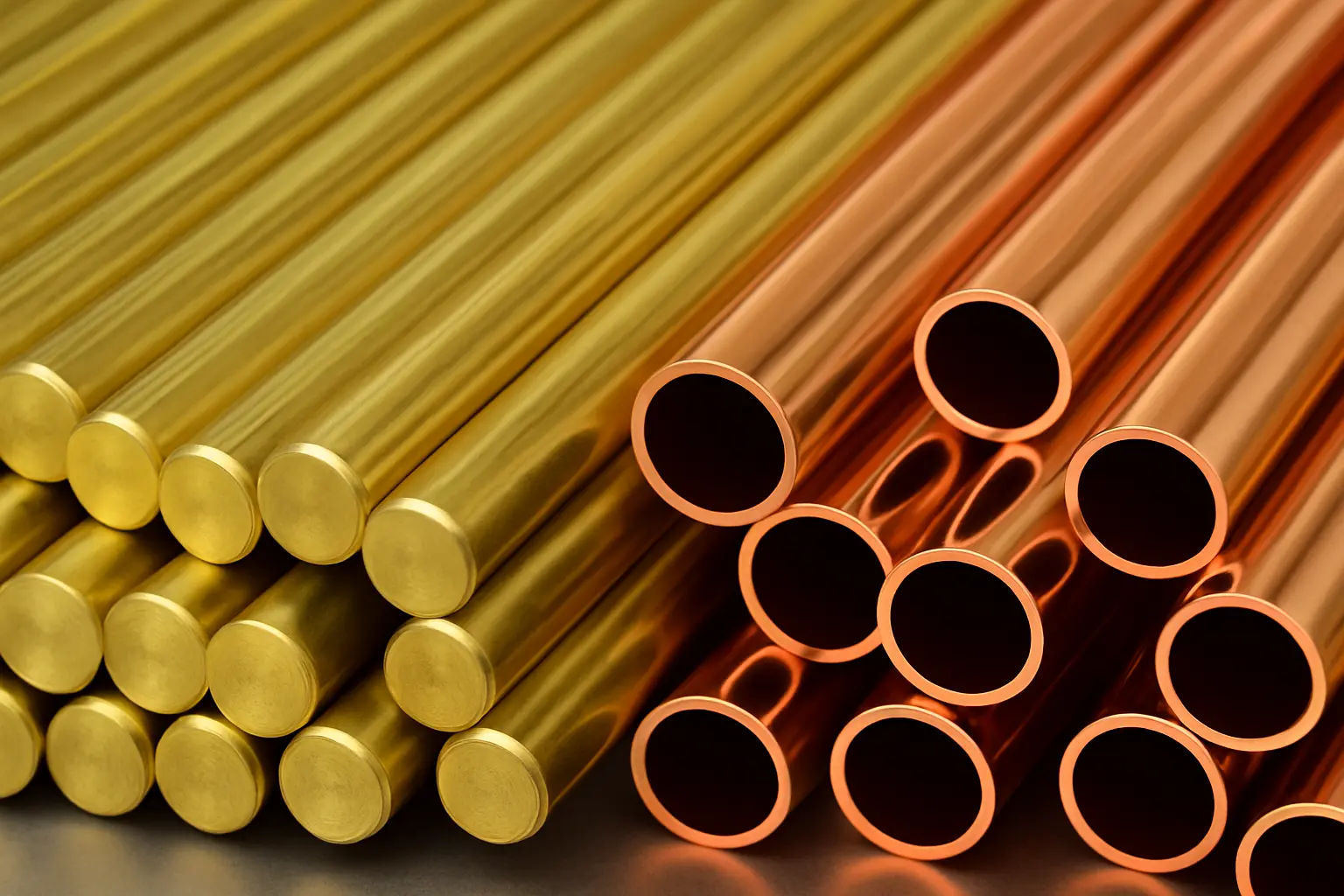 Sidebyside comparison of brass and copper metal pieces showing their different colors.