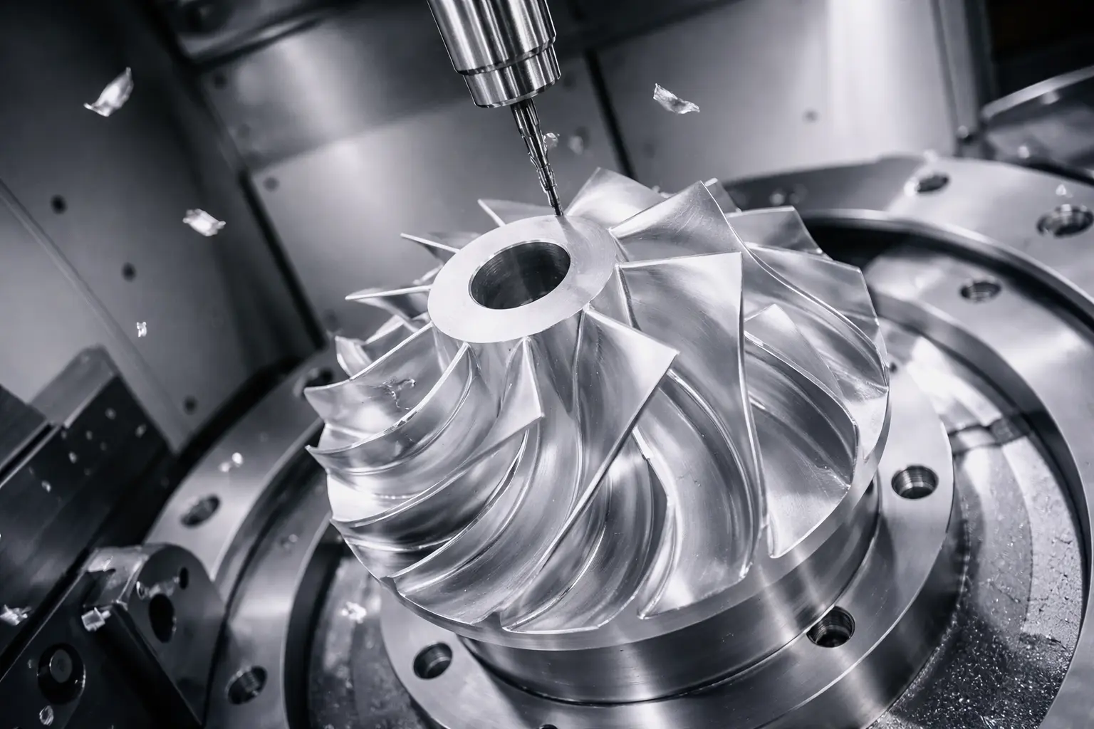 5axis CNC machine machining a complex aerospace component in aluminum
