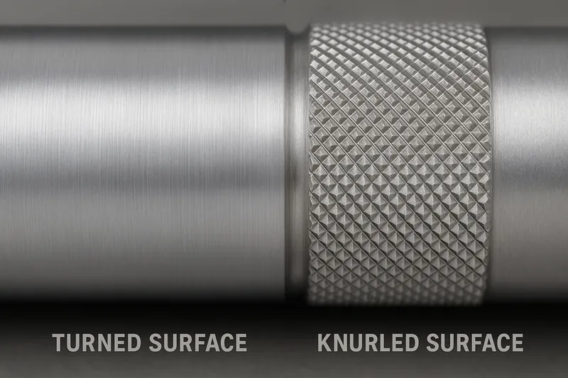 Before-and-after comparison showing a turned surface and the same area after knurling with raised crests