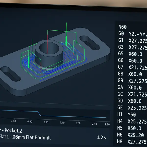 Computer screen showing a CAD model of a Kovar part with CAM toolpaths and G-code preview