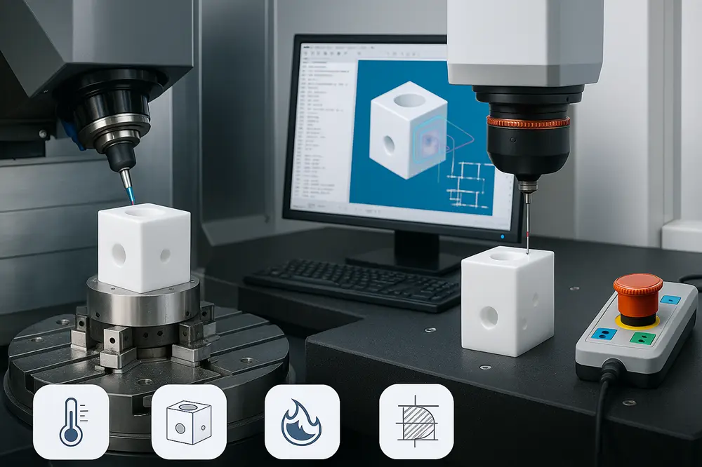 CMM probe measuring a ceramic part with a measurement report displayed on the adjacent screen.