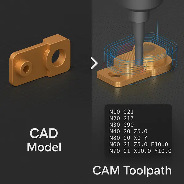 Computer screen showing CAD model and CAM toolpaths with G-code preview