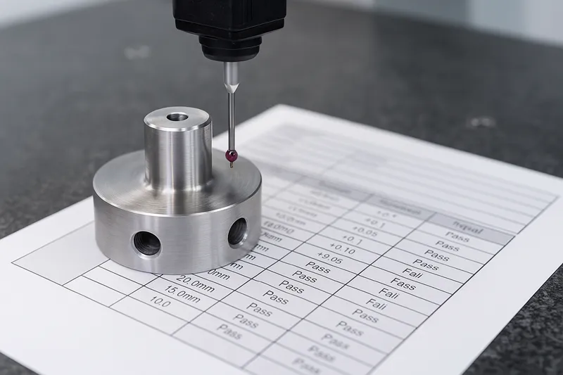 CMM inspection of a machined stainless steel component with dimensional report