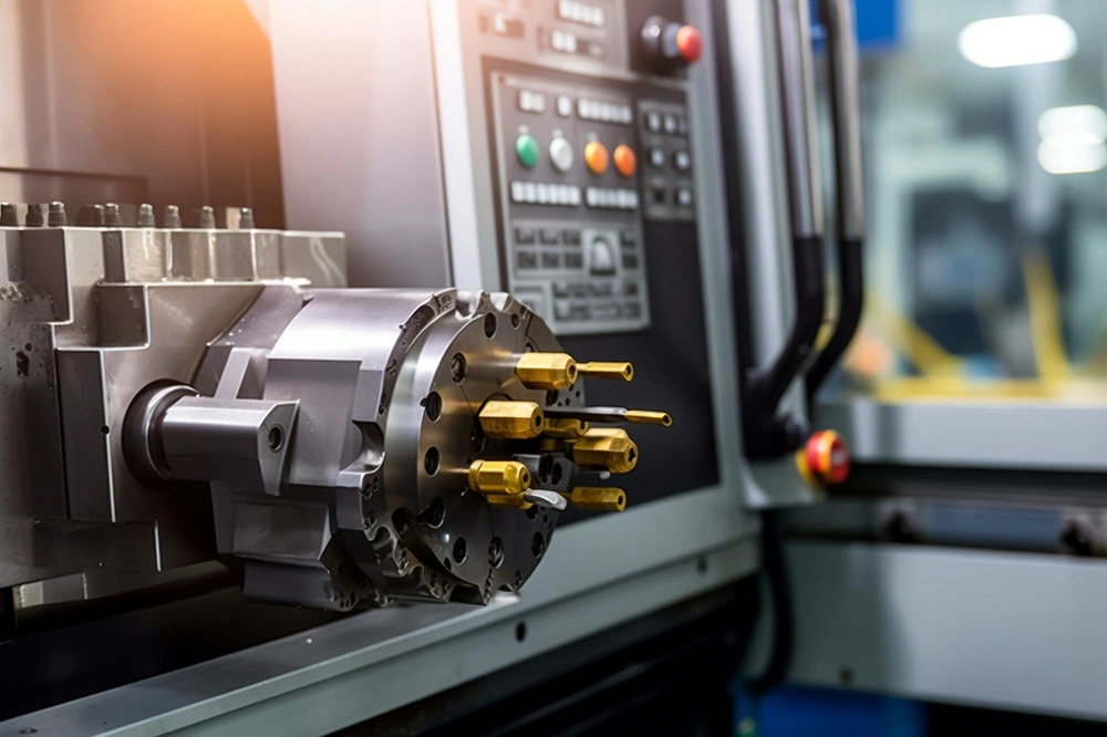 CNC lathe holding and turning a cylindrical Kovar workpiece in close view