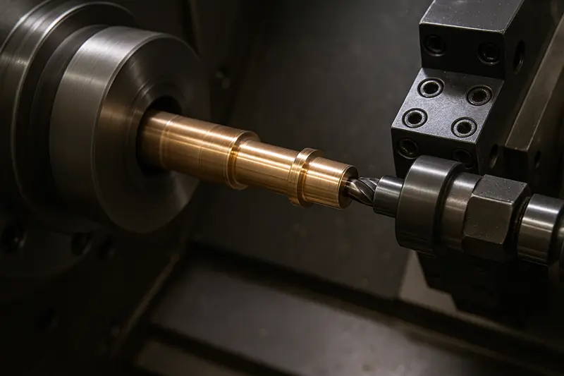 CNC lathe turning a bronze shaft with live tooling active