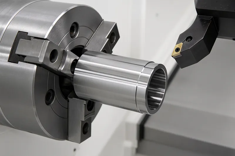 CNC lathe turning a stainless steel piston sleeve for food equipment