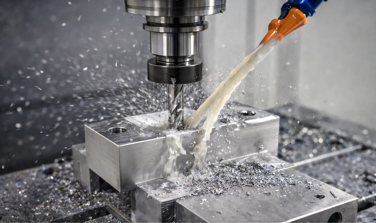CNC milling machine cutting a stainless steel block with coolant