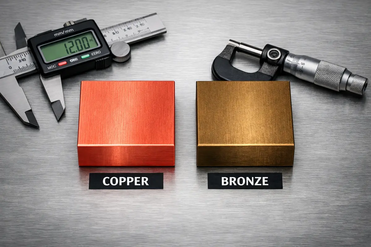 Sidebyside copper and bronze samples on a workshop table with a caliper.