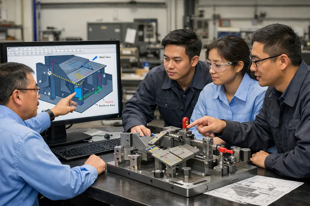 DFM review meeting with CAD model and prototype fixture to optimize weld geometry