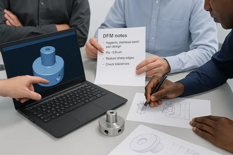 Engineers reviewing 3D CAD models and DFM notes for hygienic stainless steel part design