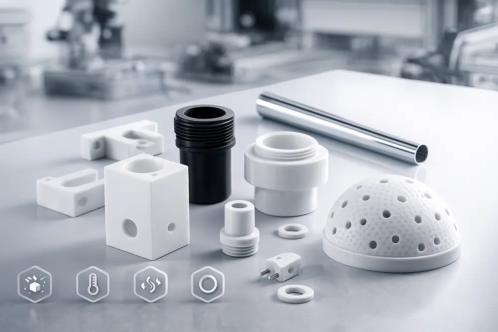 Collection of finished ceramic parts: dental crown, ceramic bearing, wafer handler, and turbine component.