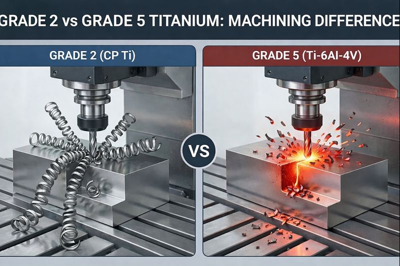 CNC machining comparison: Grade 2 titanium creating gummy chips vs. Grade 5 titanium making the tool red-hot.