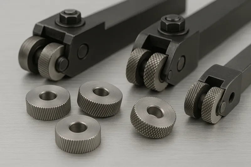 Set of knurling wheels and holders for a lathe showing diamond and straight pattern wheels