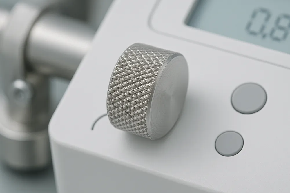 Knurled stainless steel adjustment knob installed on a precision medical instrument