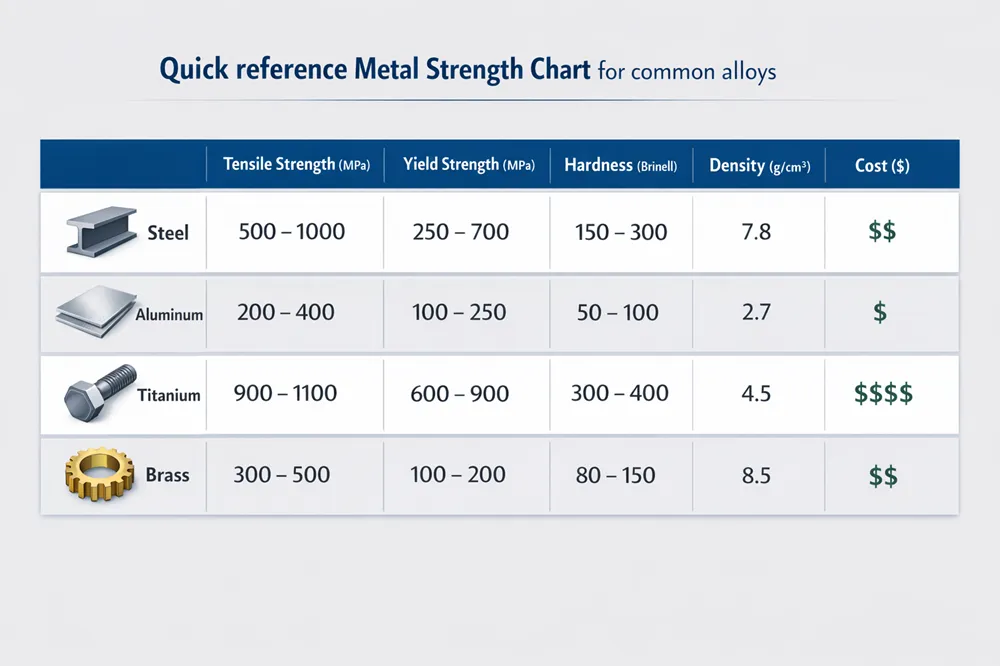 metal strength comparison chart for steel aluminum titanium brass