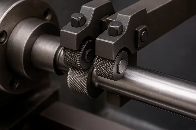 Opposed-wheel straddle knurling holder mounted on a lathe machining a stainless steel shaft
