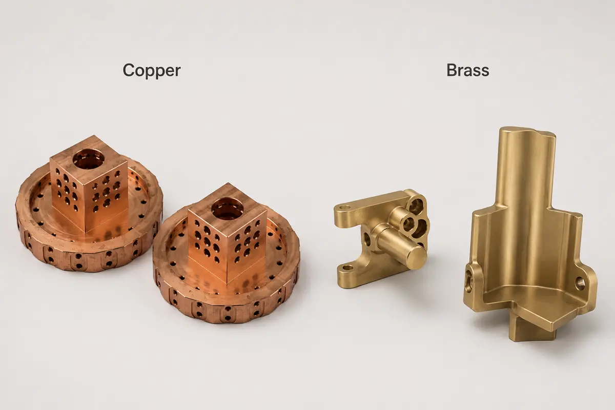 Side by side copper and bronze samples on a workshop table with a caliper