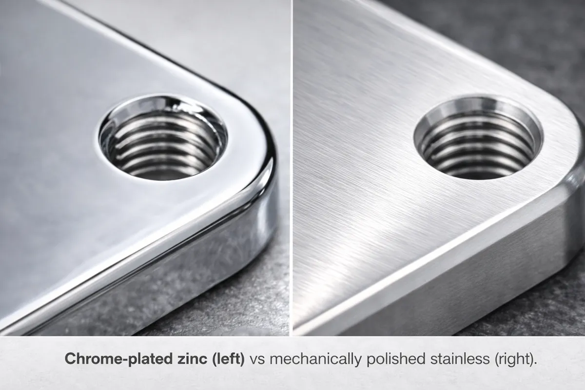 Side-by-side image of chrome-plated zinc part and polished stainless part