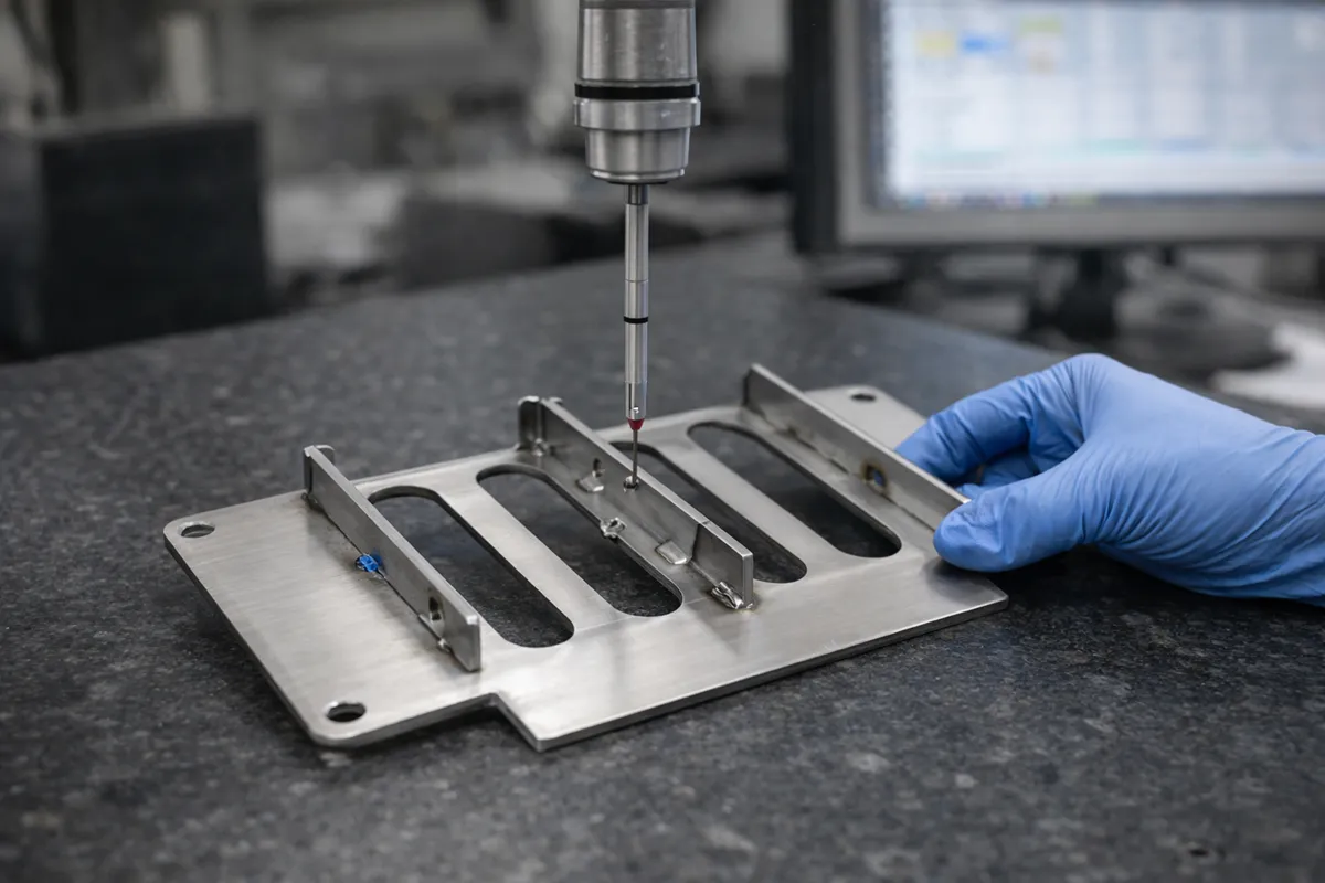 CMM inspection of a welded assembly verifying dimensional tolerances