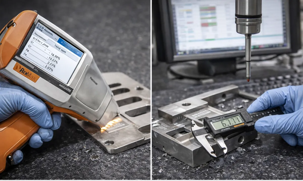 Technician using XRF analyzer on a metal part and calipers measuring dimensions