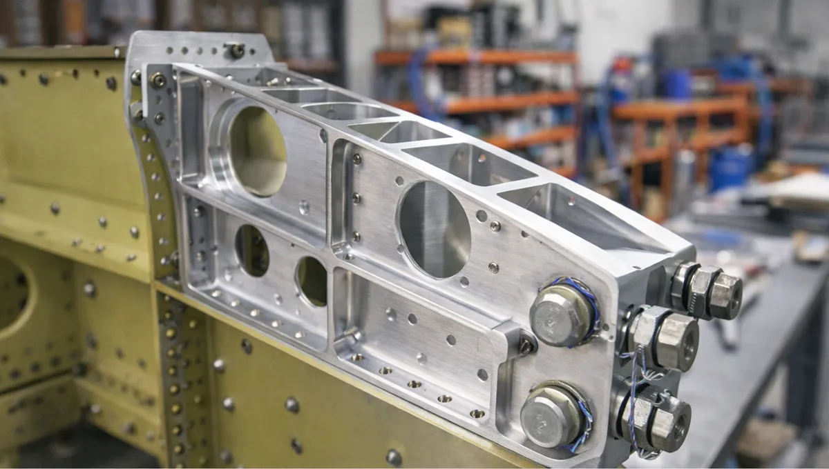 High-strength 7075 aerospace bracket mounted in a workshop illustrating application use