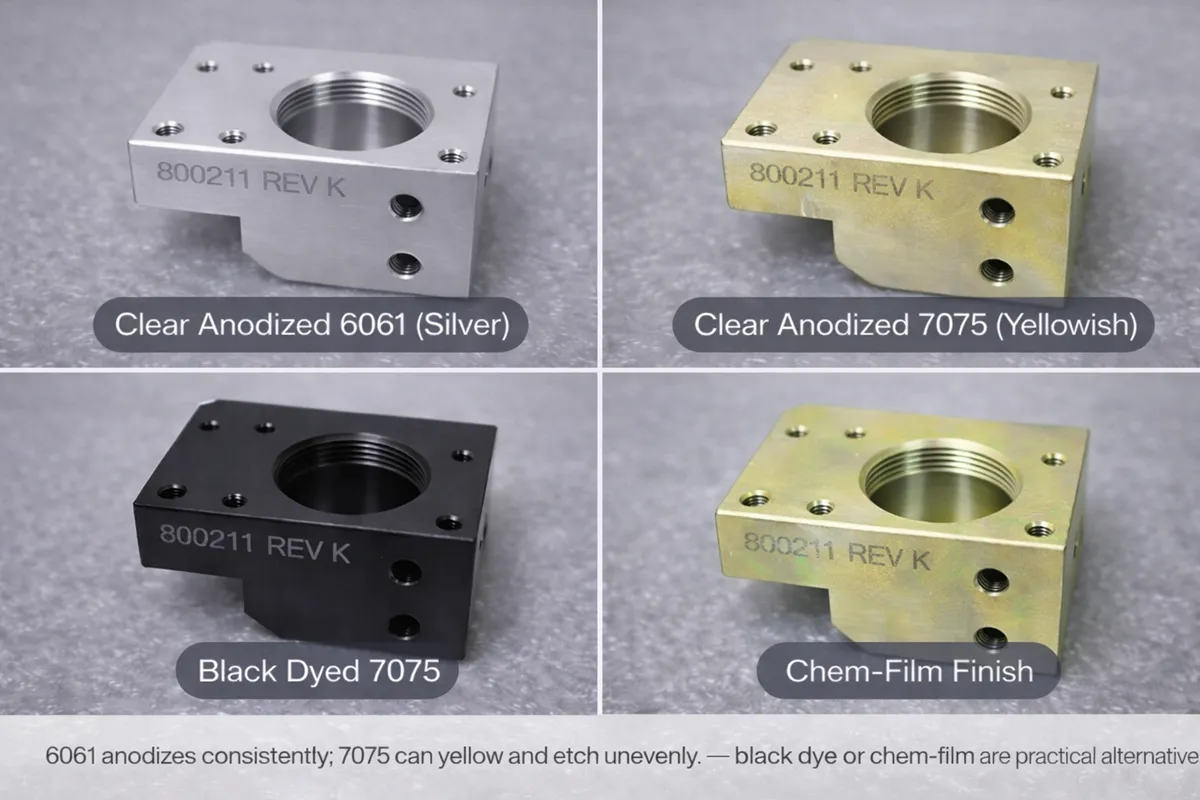 Side-by-side finishes: clear-anodized 6061 silver, clear-anodized 7075 yellowish, black-dyed 7075, and chem-film coated part