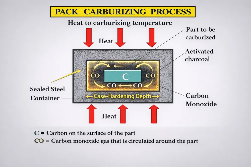 Case-hardening cross-section showing a hardened outer case and a softer, ductile core.