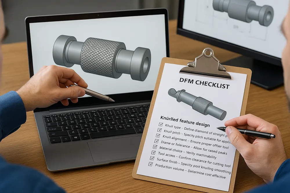 Engineers reviewing a 3D CAD model and DFM checklist for knurled feature design and production planning