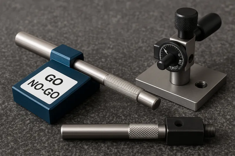 Go/no-go gauge checking a knurled diameter next to a torque test fixture used for knurled joint validation