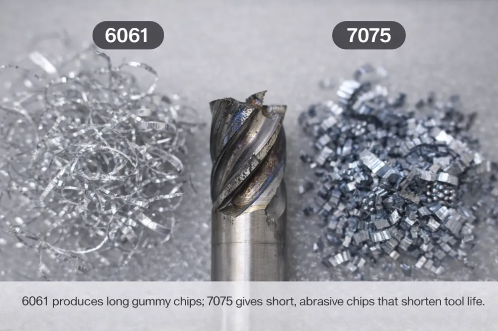Close-up of long gummy chips from 6061 and short segmented chips from 7075 beside a worn cutting tool