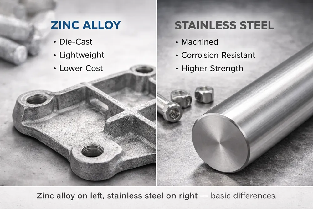 Split image showing zinc alloy casting and stainless steel bar for comparison