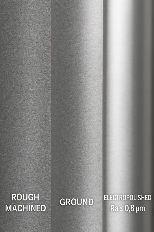 Before-and-after comparison of stainless steel surface finish showing rough machined surface and electropolished Ra ≤ 0.8 μm