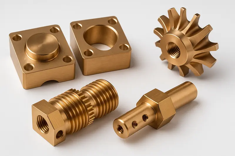 Array of finished bronze parts including bushings, worm wheel, and impeller