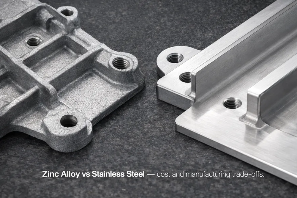 Close-up of a zinc die-cast part next to a stainless steel machined component