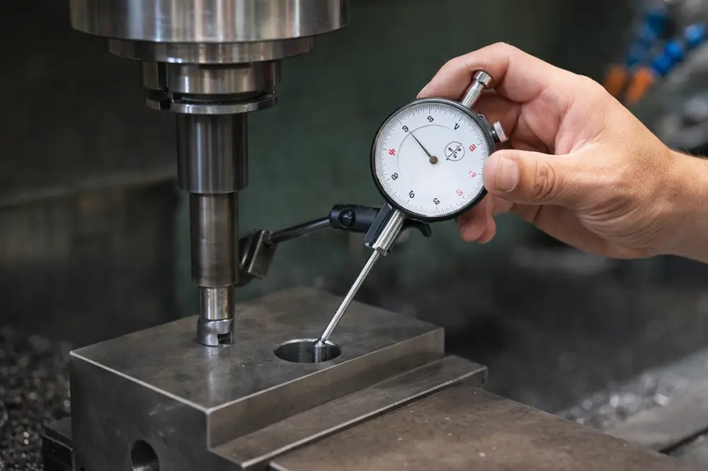 Technician using a dial indicator to align a pre-drilled hole to the spindle.