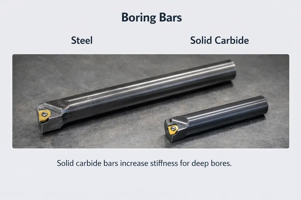 Comparison of a long steel boring bar and a shorter solid carbide boring bar
