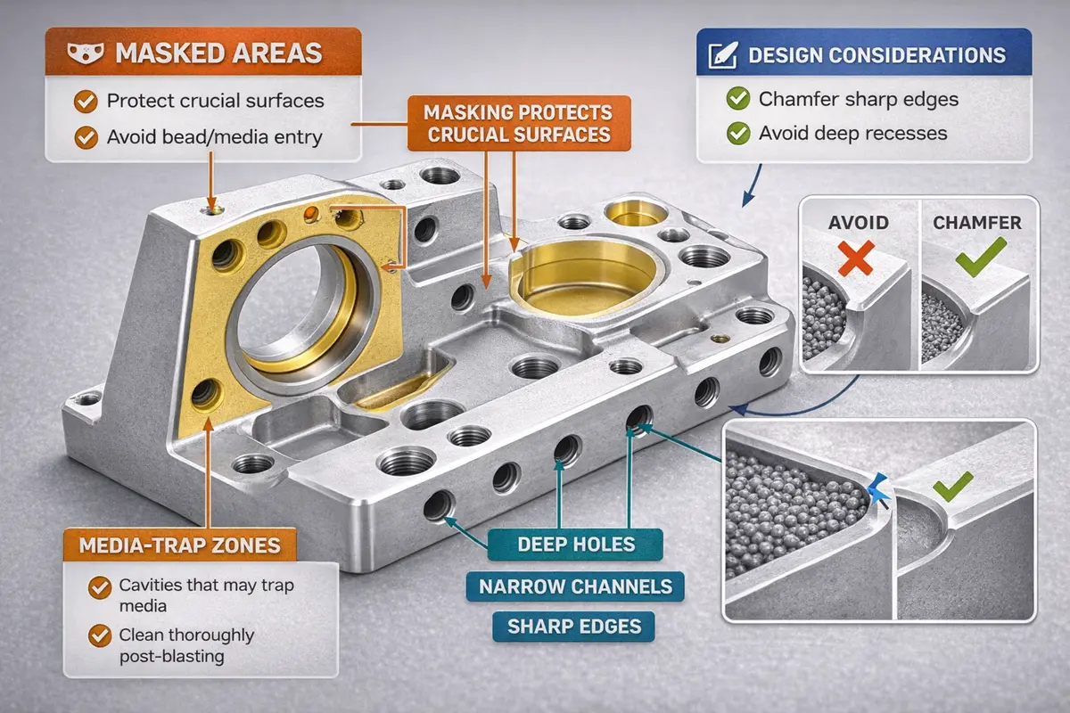 CNC part design considerations for bead blasting: accessible surfaces, masking areas, and critical tolerances