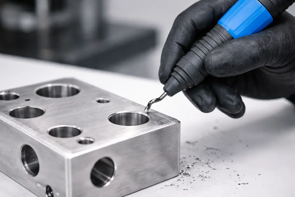 Close-up of a handheld deburring tool with swivel blade for edge work