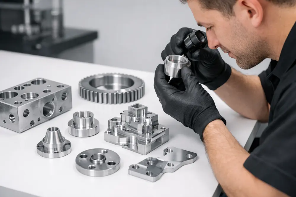 Technician inspecting finished CNC metal parts to check for burrs and edge quality