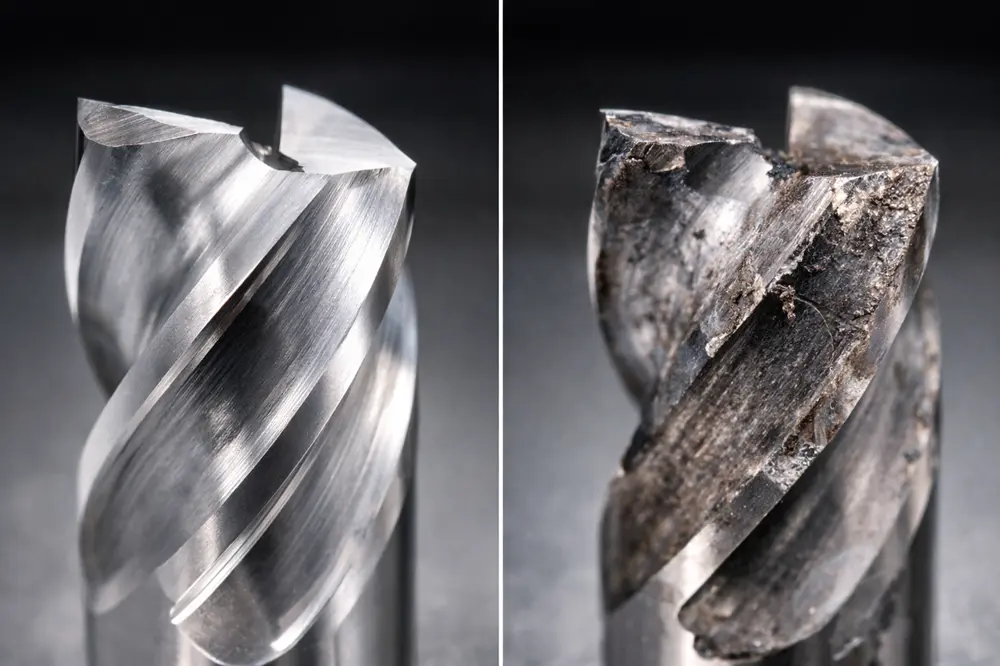 Comparison of a new vs worn CNC cutting tool showing edge damage and wear