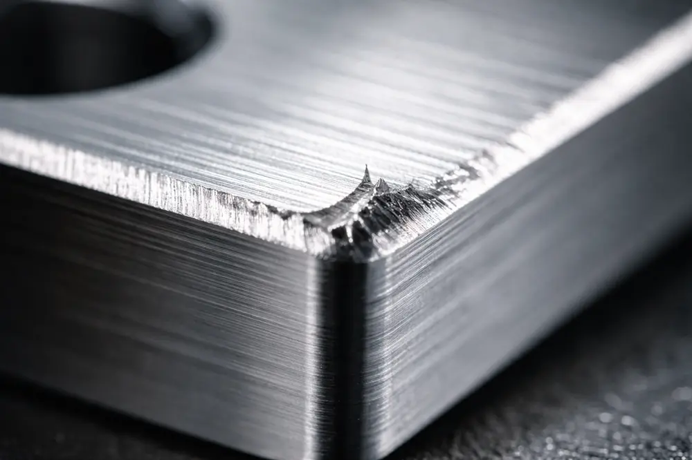 Macro close-up of a jagged burr on a CNC-machined metal edge