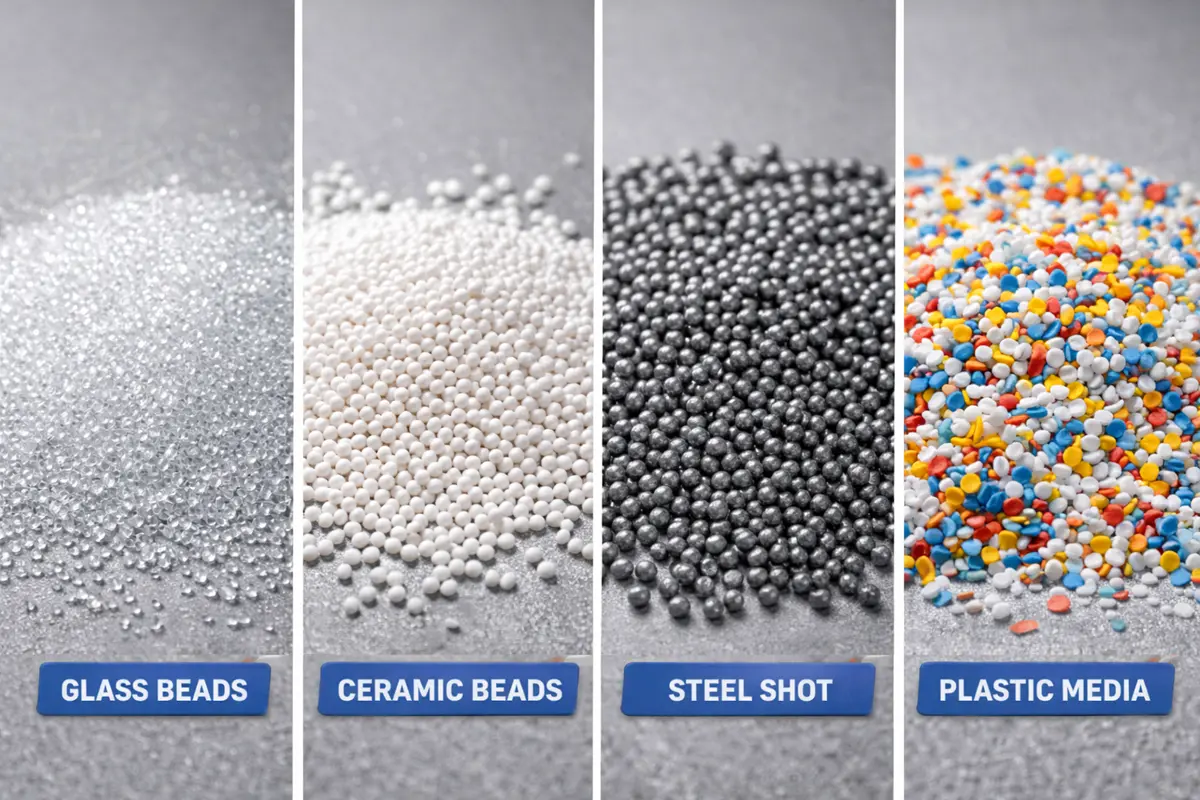 Different bead blasting media types: glass beads, ceramic beads, steel shot, and plastic media