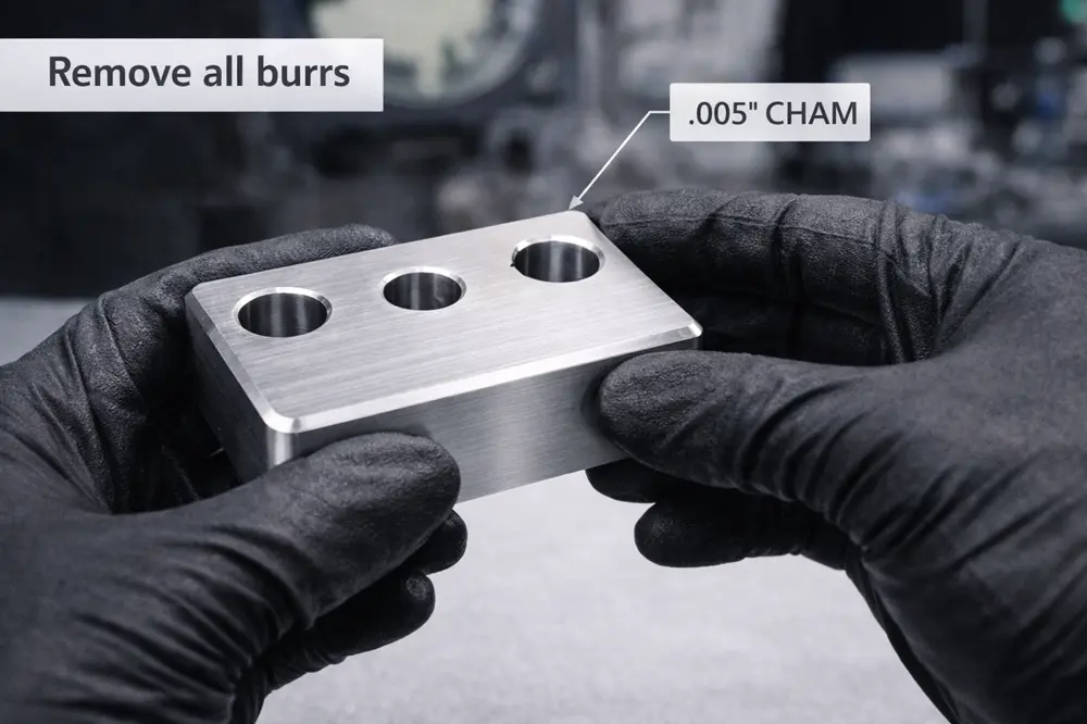 Gloved technician handling a deburred metal part to illustrate safe handling