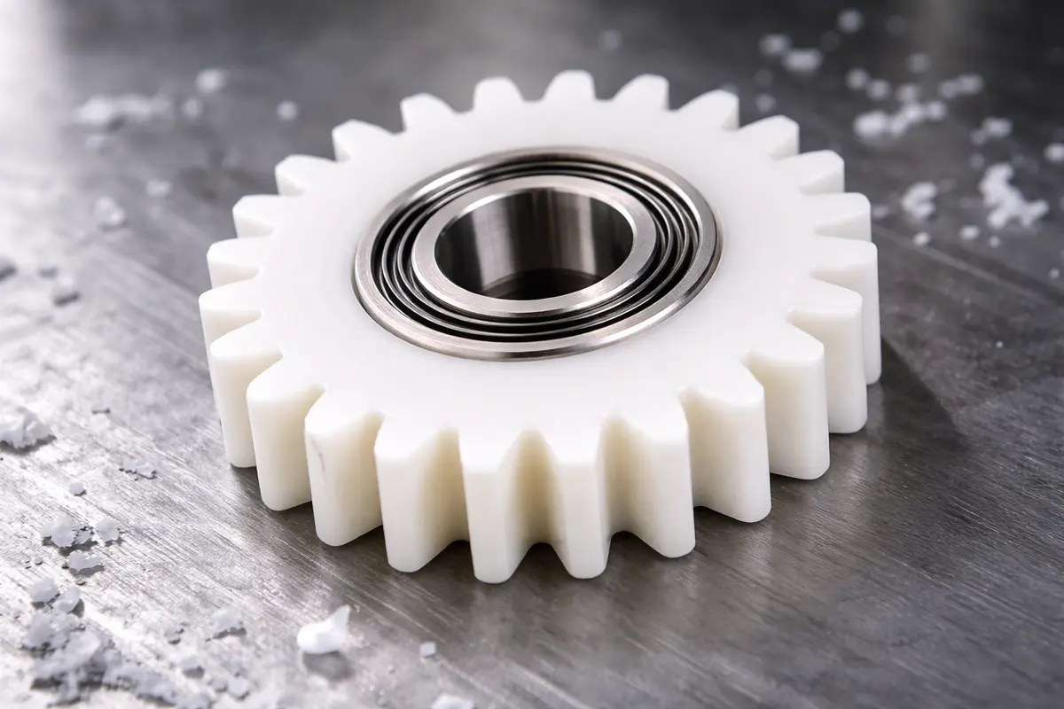 Machined acetal copolymer gear showing low friction and dimensional stability