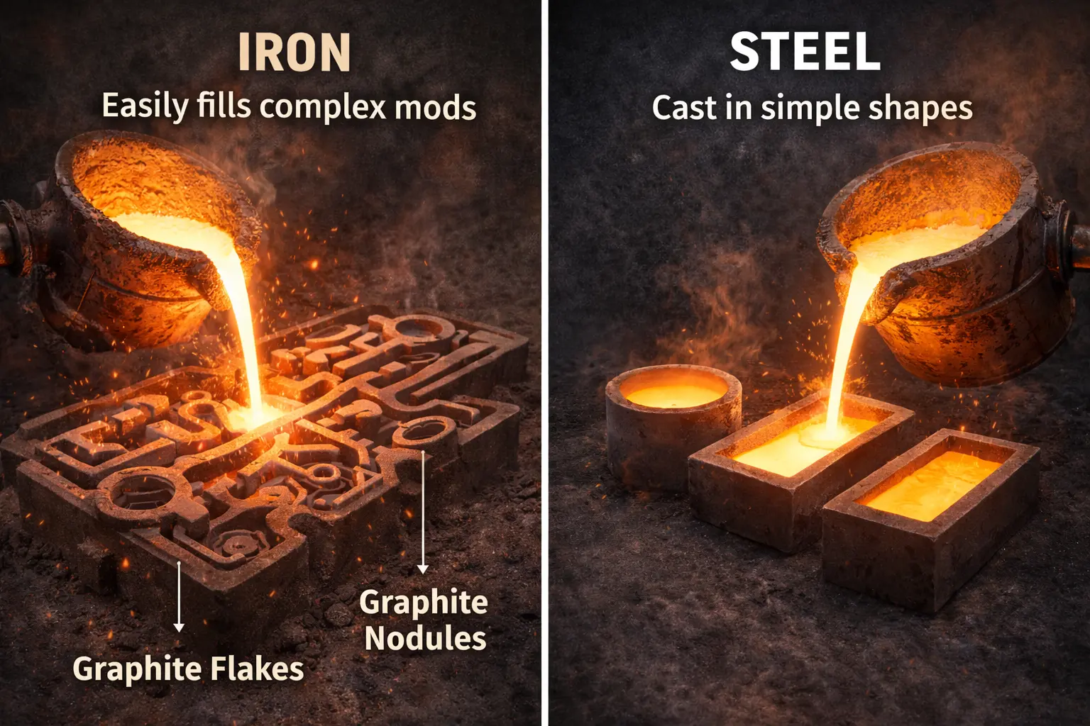 comparison of castability between cast iron and steel showing flow behavior in molds